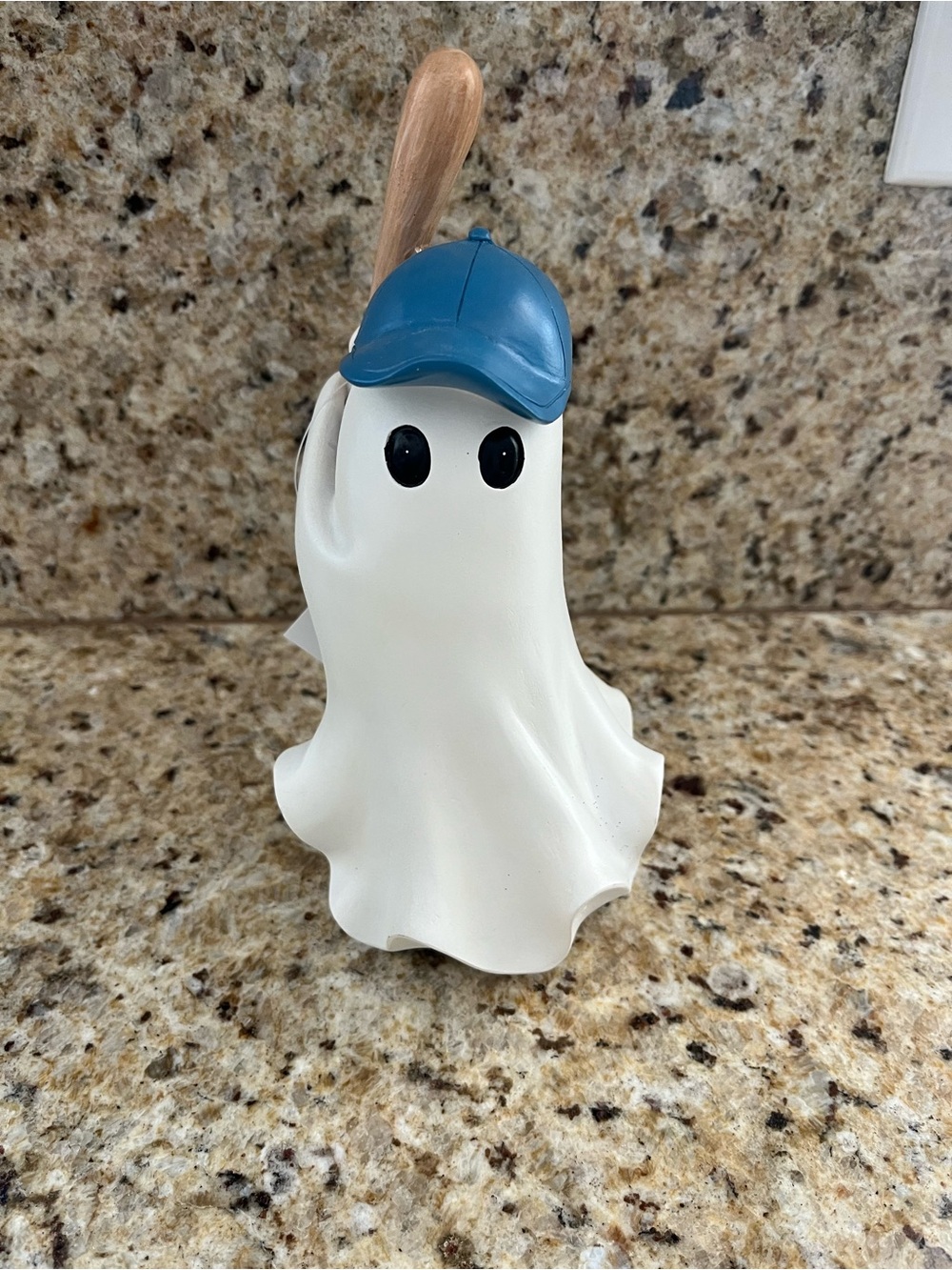 Halloween Baseball Ghost Figurine with Blue Hat and Bat